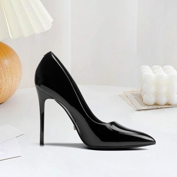 Womens Black Polyurethane (PU) Pointed Closed Toe Slip On Heels Leather Pumps - Picture 7 of 8